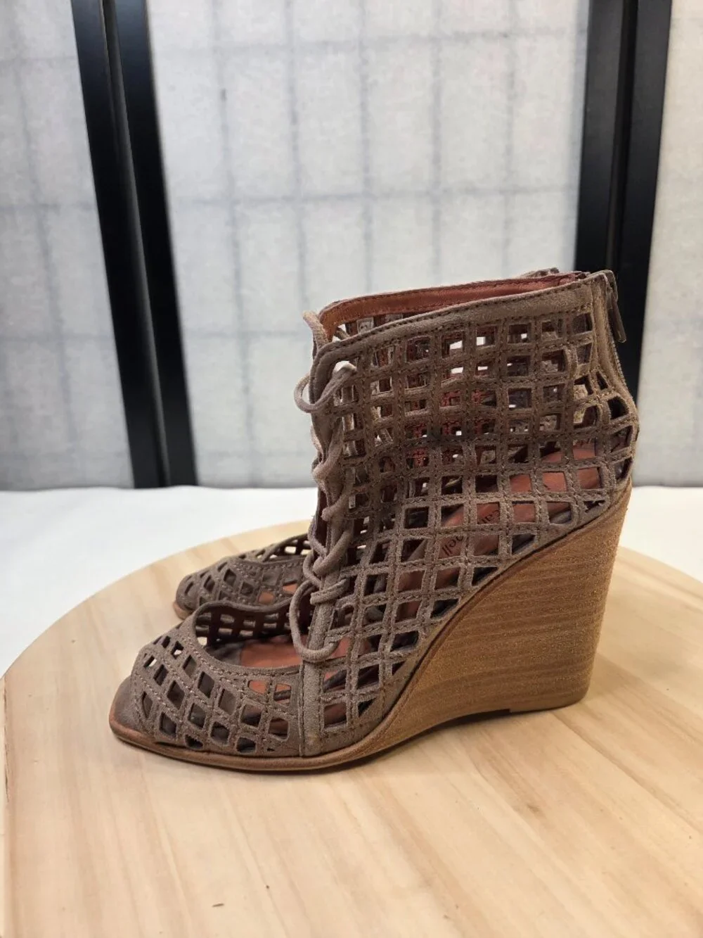 Jeffrey Campbell Taupe Laser Cut Suede Lace Up Wedge Open Toe Heels Women US 8